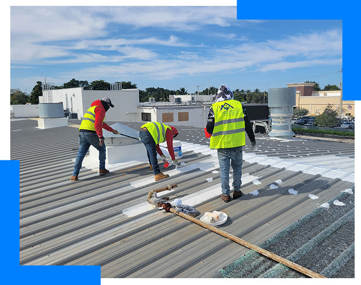 Crew of MIW licensed contractors services working on a Florida metal roof.