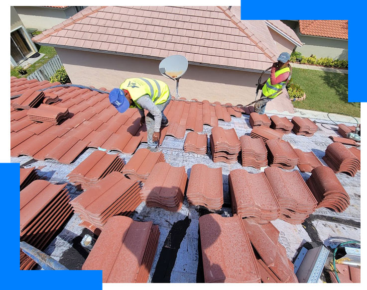Professional Roofers performing a Re-Roof Tile roof installation on a Florida home