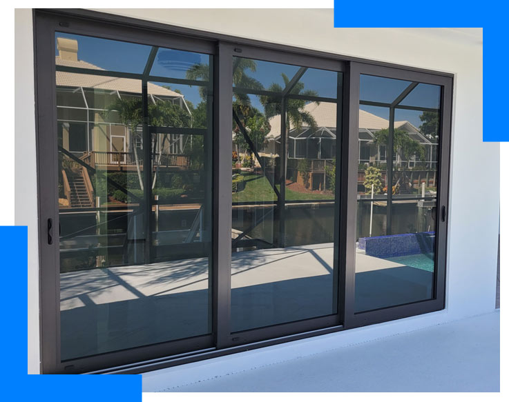 3 panel glass impact window repaired slider installed on a Florida home off the pool deck